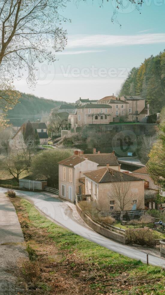 A road with trees and houses on the side photo