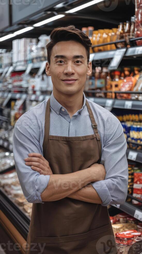 A young man standing in front of a grocery store photo