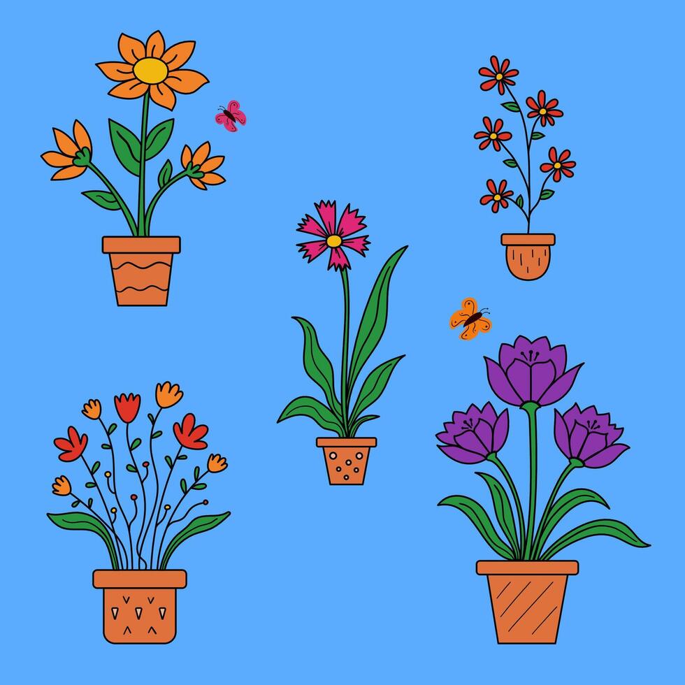 Flower pots with vibrant flowers and butterflies, cartoon style, on blue background, gardening and spring vector
