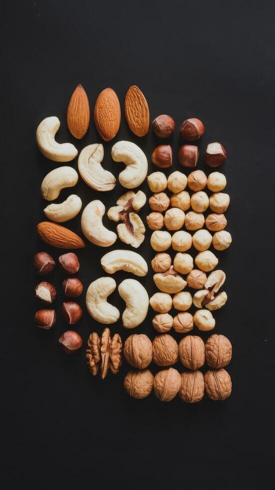Photo of collage of nuts on black background food banner