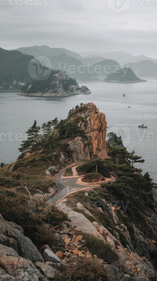 A scenic view of the ocean and mountains from a rocky cliff photo