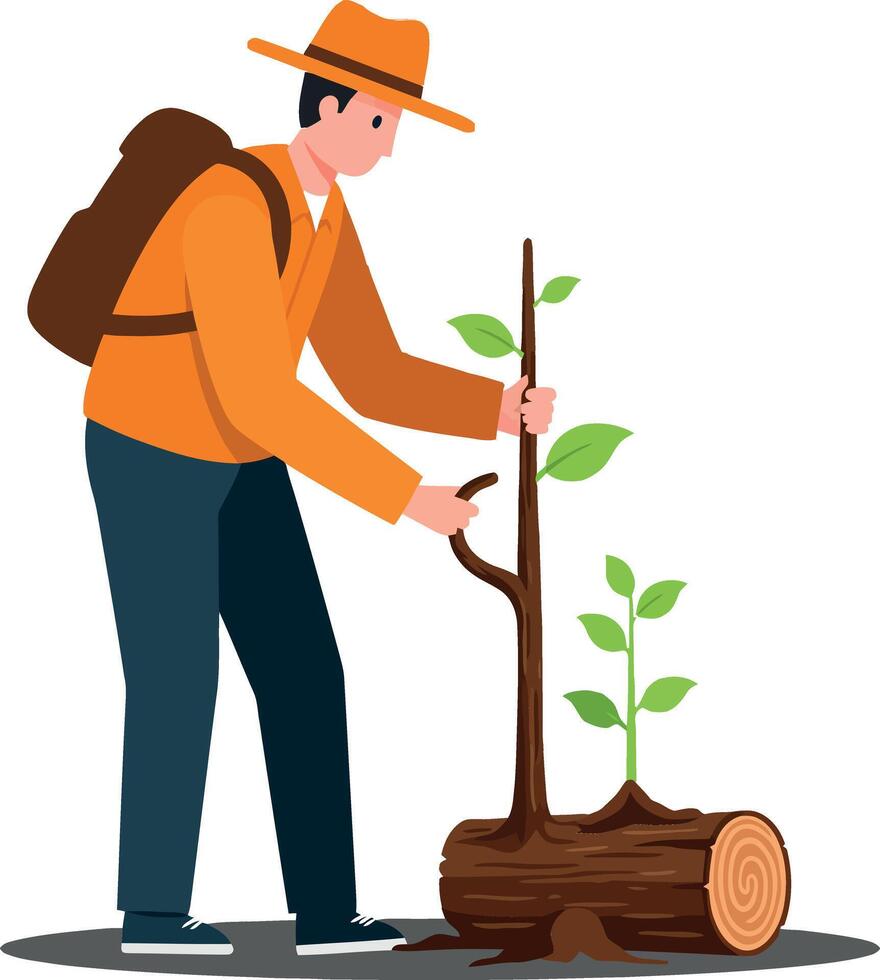 A man in an orange shirt and hat nurturing a small plant growing from a log in a flat illustration vector