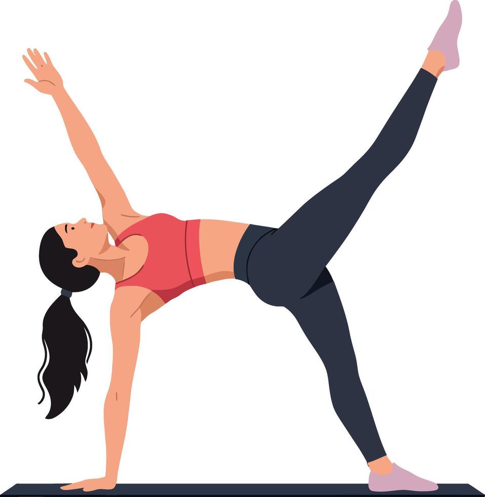 A woman performing a yoga pose on a mat in a bright and energetic flat illustration showcasing balance and flexibility in a serene setting vector