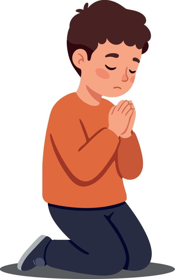 Young boy kneeling with clasped hands in prayer, dressed in orange sweater and dark pants, flat illustration conveying a serene and reflective mood vector