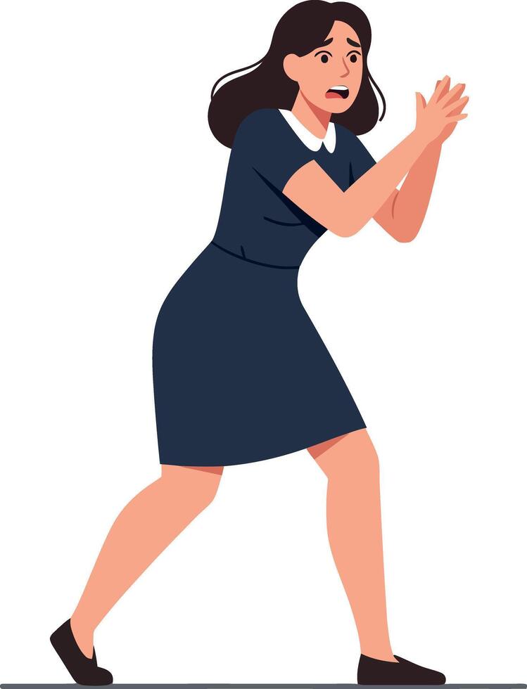 A worried woman in a dark dress, running with clasped hands, in a flat style, conveying urgency and concern, illustration vector