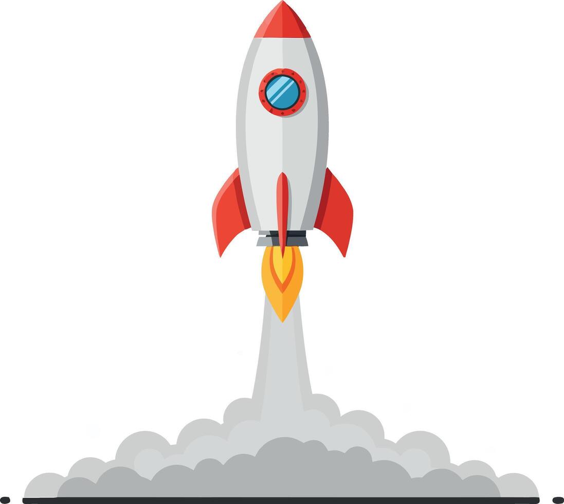 A sleek, red and white rocket launching upwards surrounded by clouds in a minimal flat design art vector