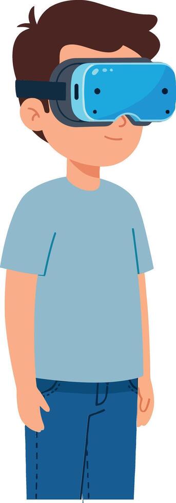 Young boy wearing blue virtual reality goggles in a minimalistic style illustration showcasing excitement and curiosity about new technology vector