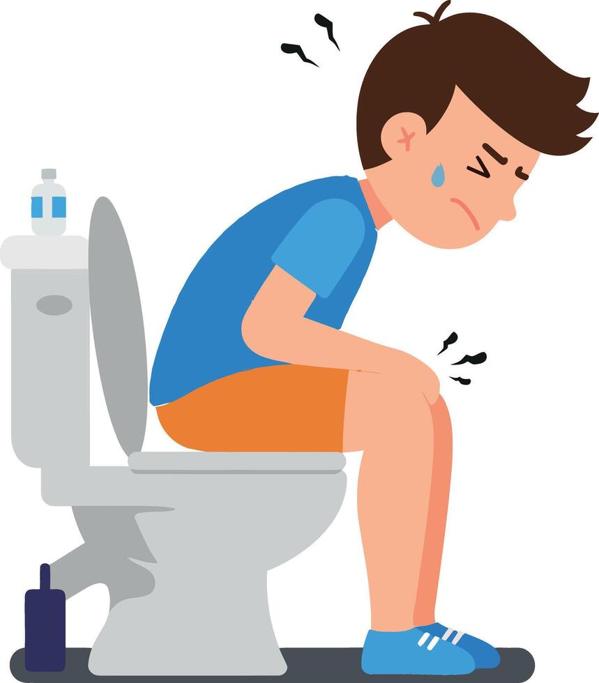 A worried young man sitting on a toilet with a distressed expression, minimal flat style art vector