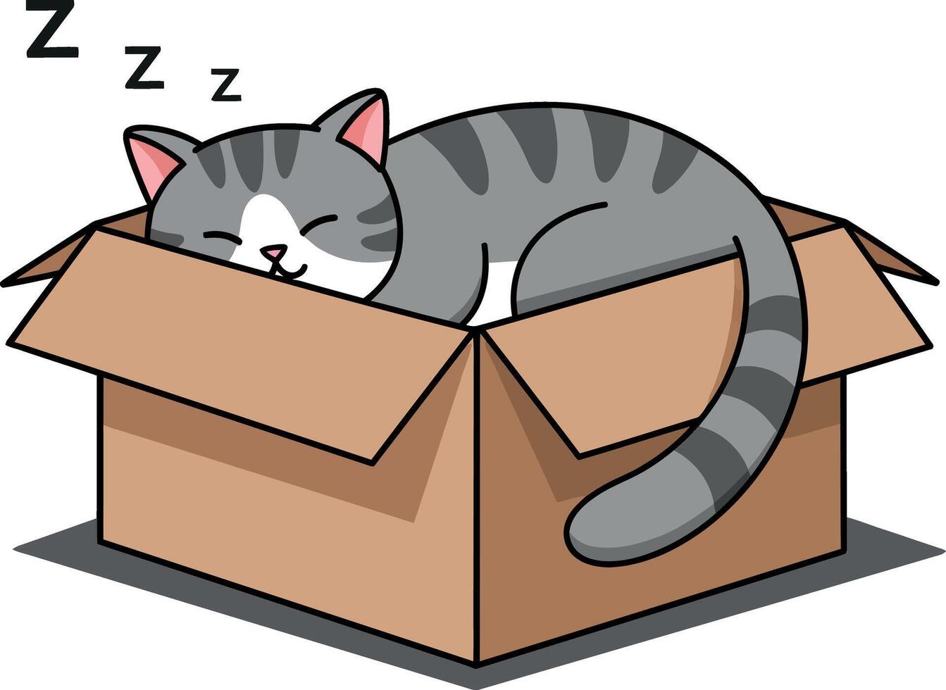 A sleeping gray striped cat curled up in a cardboard box, featuring a minimal design style and conveying a cozy, relaxed atmosphere in art vector