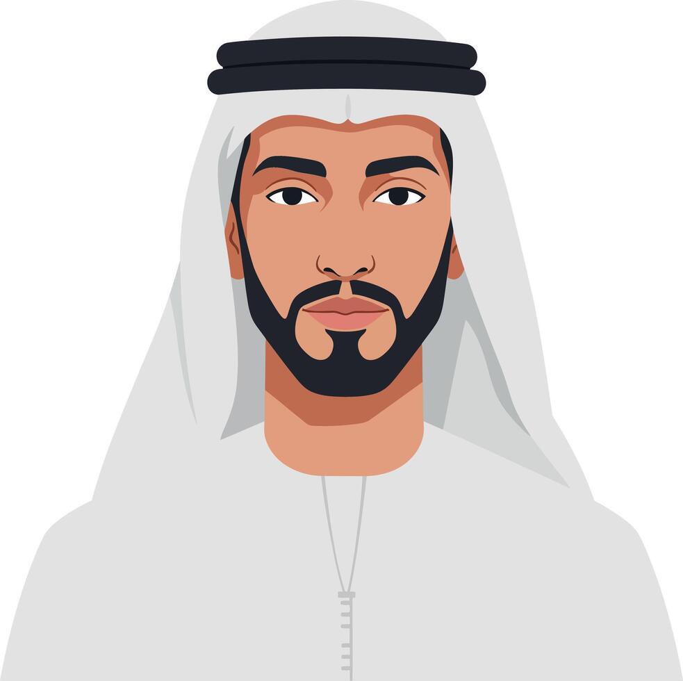 Portrait of a young man wearing traditional Emirati attire in a flat illustration style, showcasing cultural pride and heritage through expressive features and attire in art vector