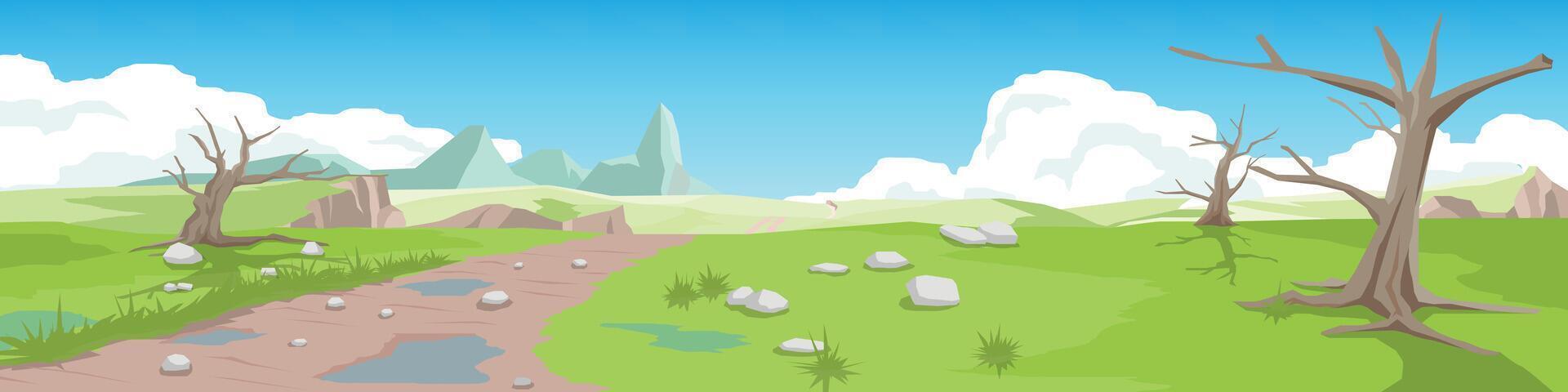 Curvy dirt road on the meadow. Gravel road leading to the destination ahead. Rolling hills and green fields. Scattered rocks on the ground. Trees withered from drought. Under blue sky and white cloud. vector