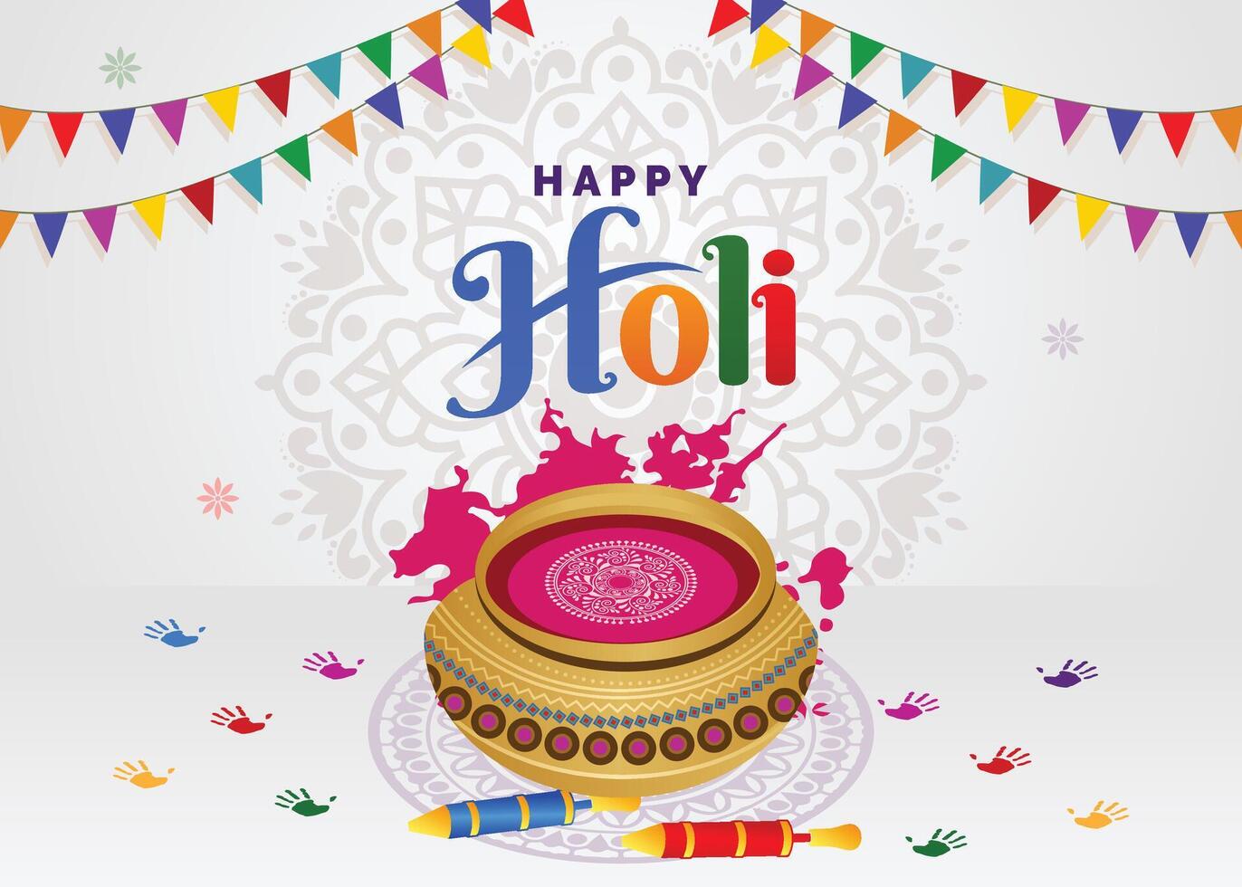 Beautiful Happy Holi poster with vibrant typography, color pots of gulal, pichkari, and water splashes on a floral background. A festive abstract design. vector
