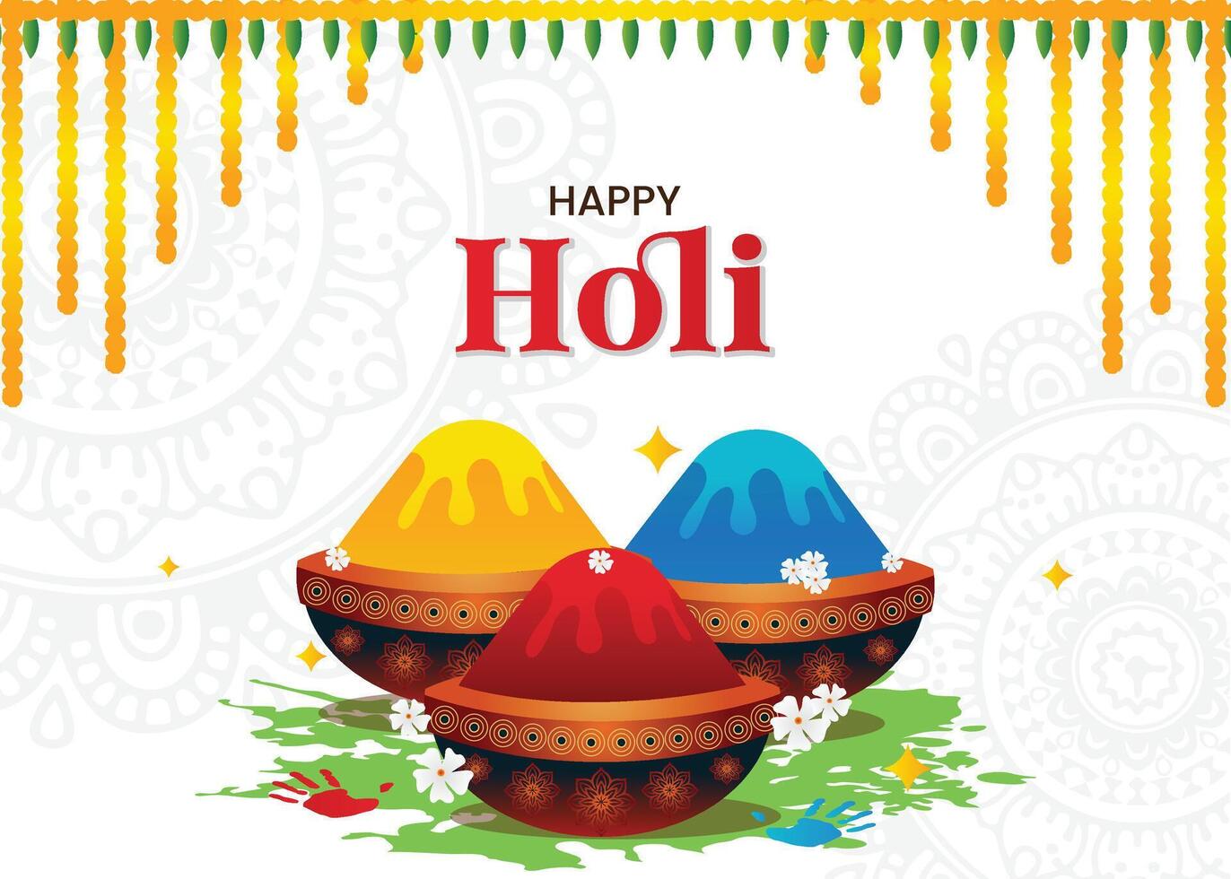 Beautiful Happy Holi poster featuring vibrant typography, color pot, gulal, pichkari, and a stunning floral background. A festive and artistic abstract illustration design. vector