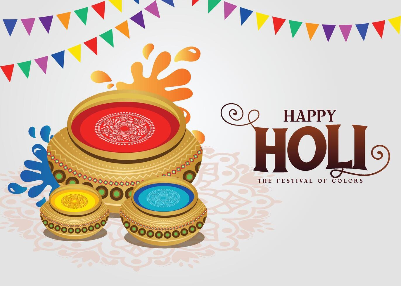 Happy Holi festival. Celebrate with festive typography on a mandala background featuring abir, pichkari, vibrant color splashes, and water flags for a joyful design. vector