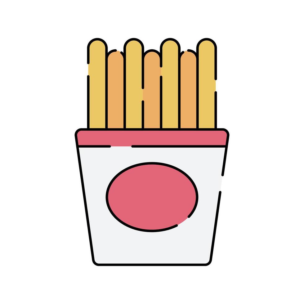 French Fries Icon Flat design, crispy fries in a carton, suitable for fast food branding and snack promotions. vector