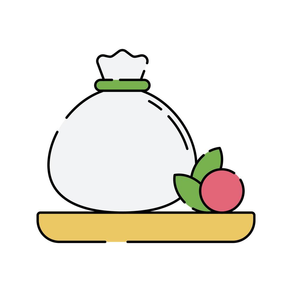 Mozzarella Cheese Bag Icon Flat design, a cheese sack with basil and tomato, great for Italian food labels and menus. vector