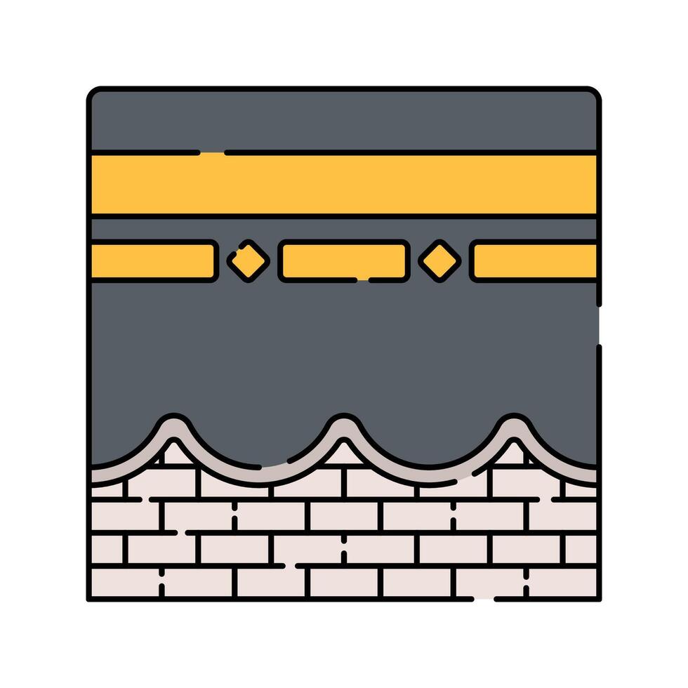 Kaaba Flat design style, black and gold building, symbolizing Islams holiest site in Mecca, ideal for pilgrimage visuals, cultural education, and religious designs. vector