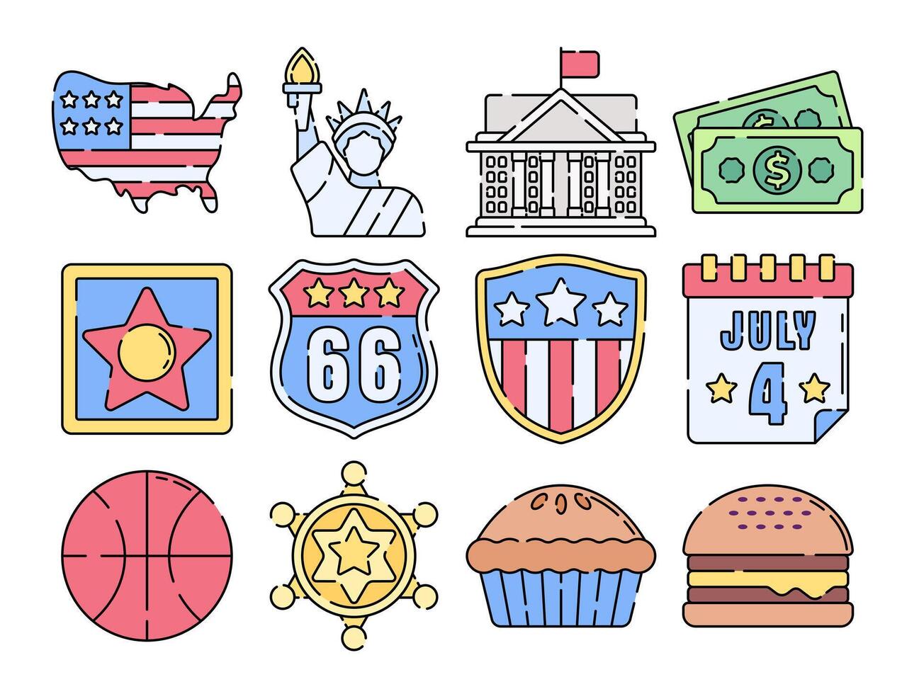 USA-themed flat design illustration set featuring national symbols like the Statue of Liberty, Route 66, July 4th, and American food, ideal for patriotic designs, travel content, and holiday graphics. vector