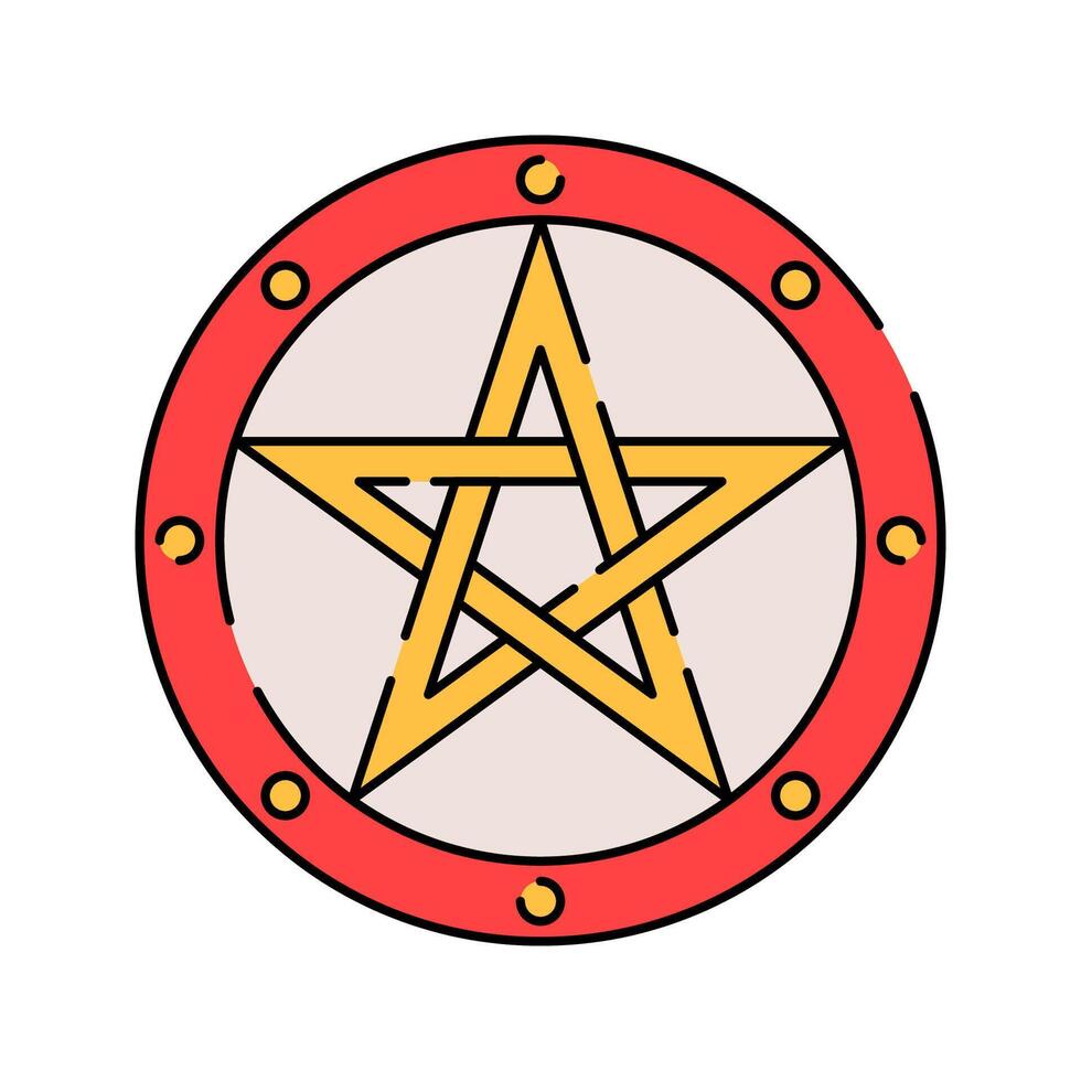 Pentagram Shield Flat design style, gold pentagram in a red circle, symbolizing mysticism and protection, perfect for esoteric themes, occult designs, and fantasy illustrations. vector