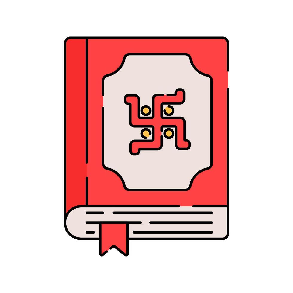 Hindu Scripture Flat design style, red book with a Swastika, representing Hindu sacred texts, ideal for spiritual education, Hindu culture, and religious illustrations. vector