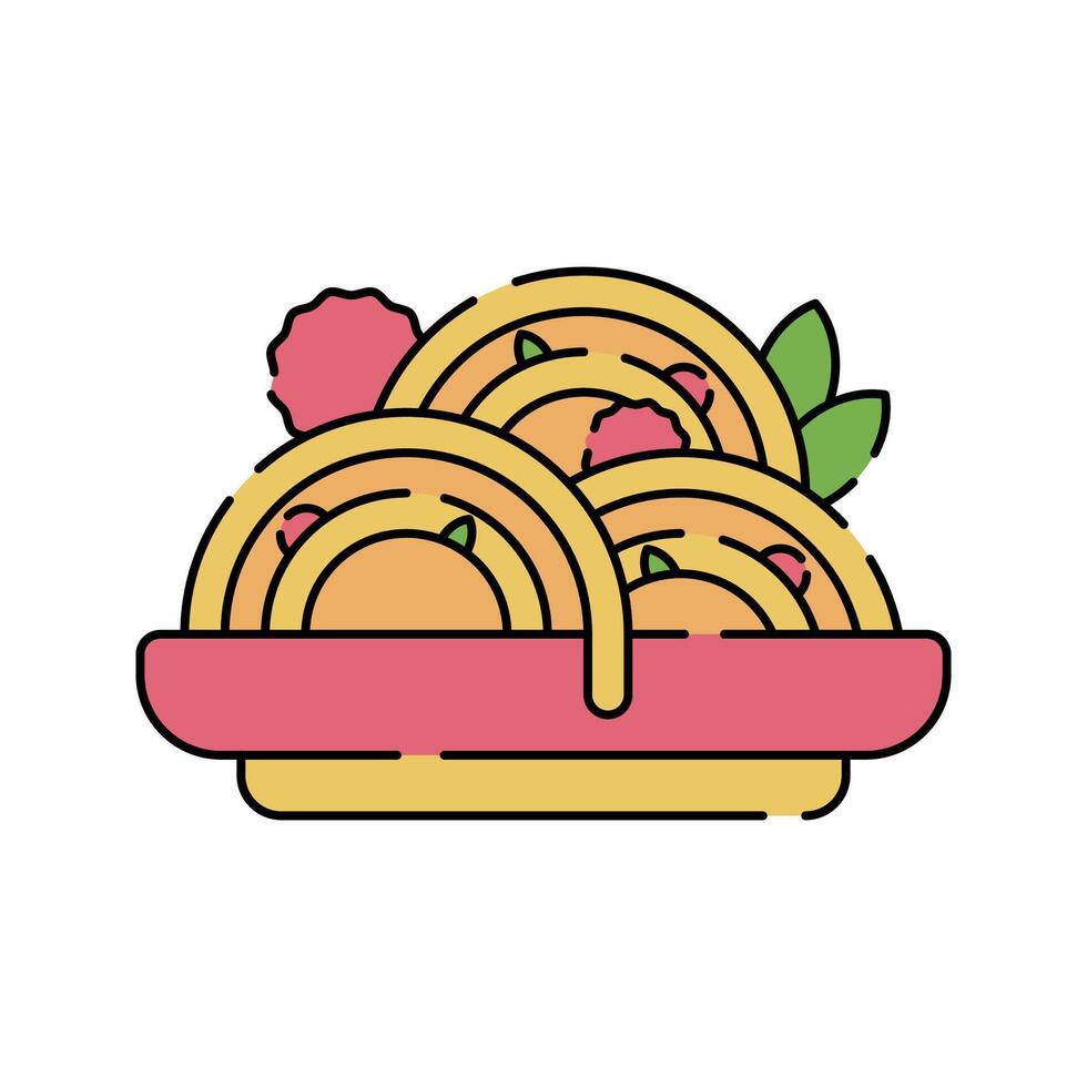 Spaghetti Icon Flat design, plated spaghetti with garnish, suitable for restaurant logos and promotional materials. vector