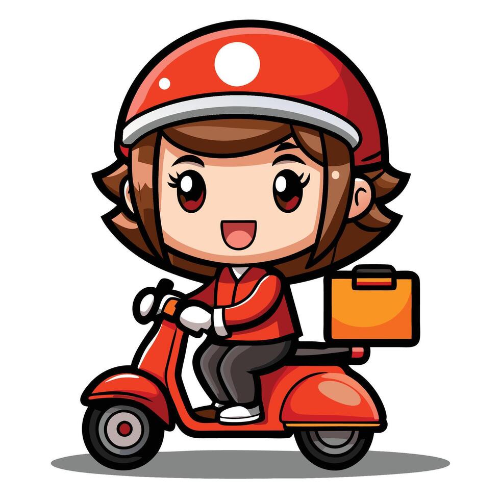 cartoon girl riding a scooter with box on the back vector