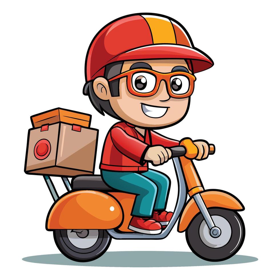 cartoon delivery boy riding ,scooter with box on the back vector