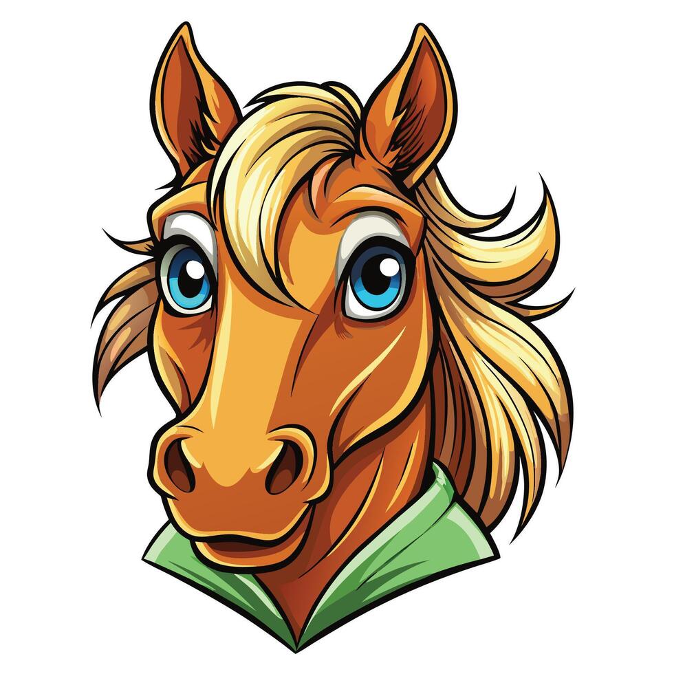 a cartoon horse head with blue eyes, vector