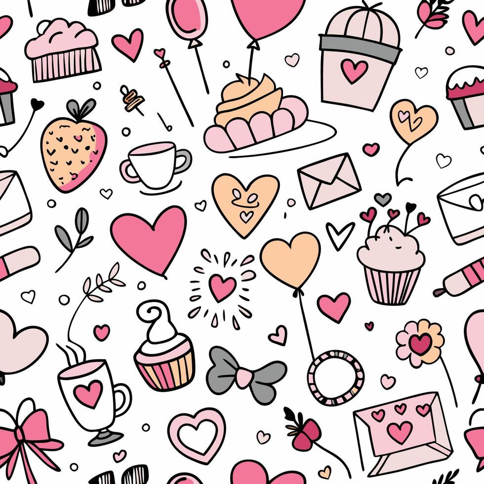 seamless pattern with hearts, cupcakes other items vector