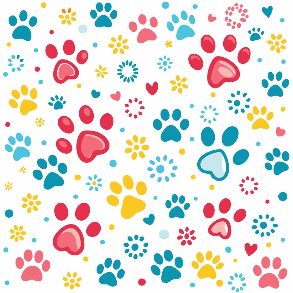 seamless pattern with dog paw prints hearts vector