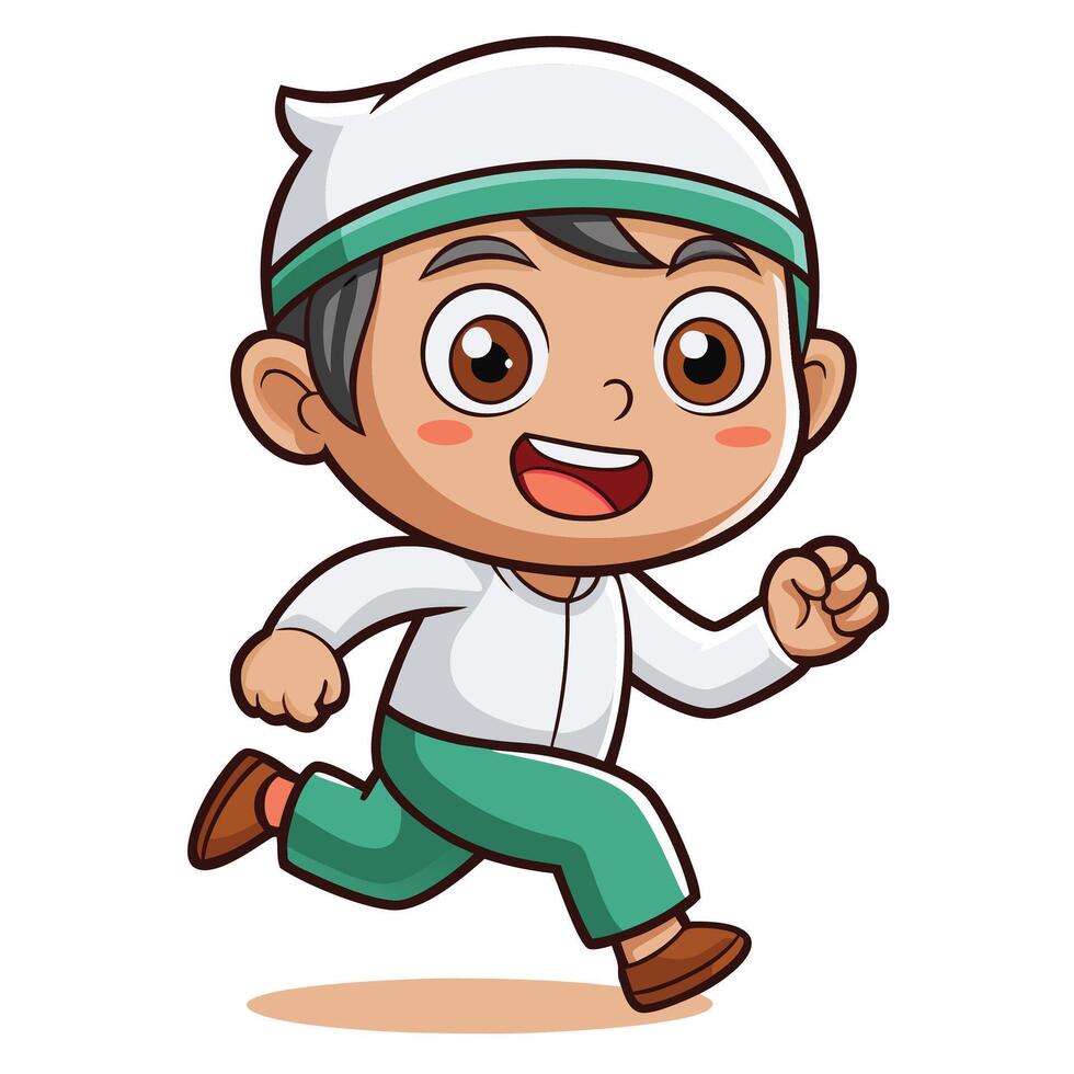 cartoon muslim boy running, white background illustration vector