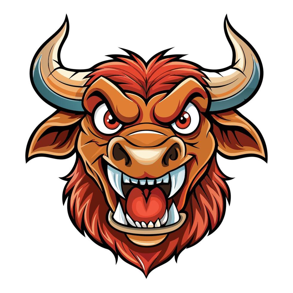 an angry bull head with big teeth and fangs white background vector
