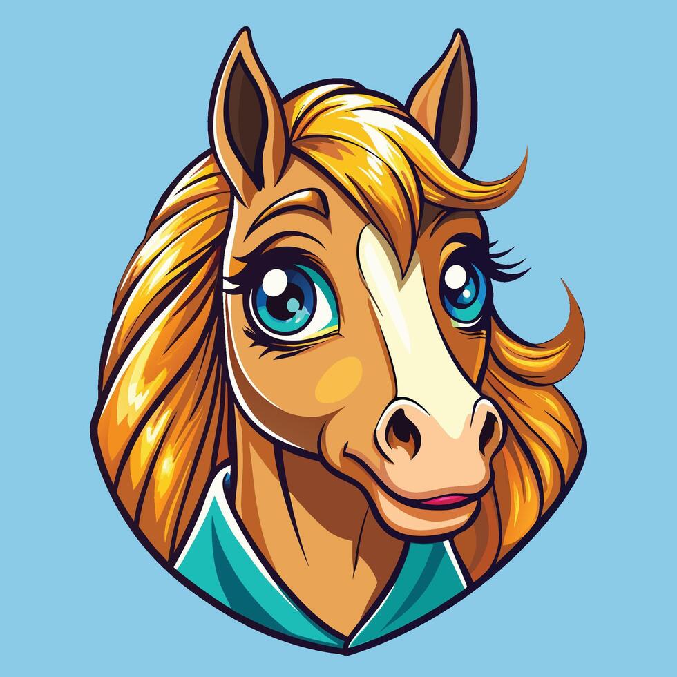 a cartoon horse head, with blue eyes white background vector