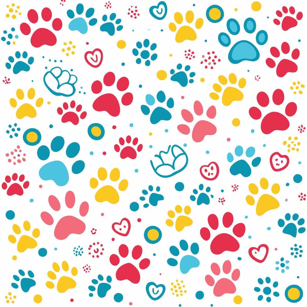 seamless pattern with dog paw, prints and hearts white background vector