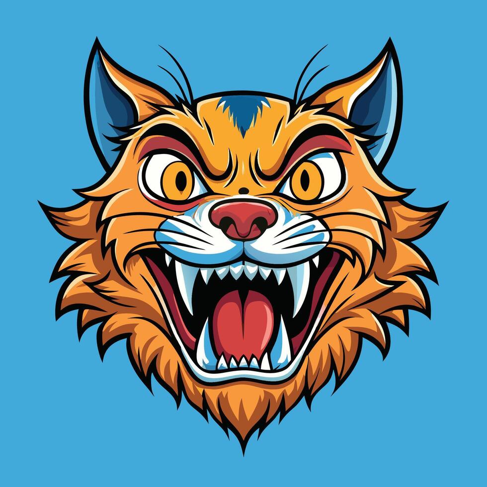 an angry cat head with a big mouth vector