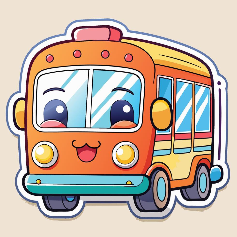 cartoon bus sticker with eyes and smile white background vector