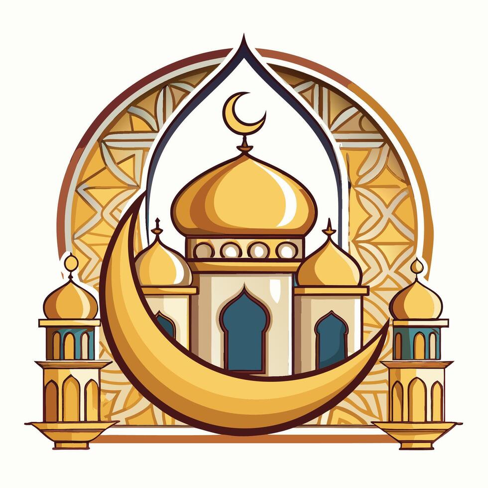 islamic mosque with crescent and moon illustration vector