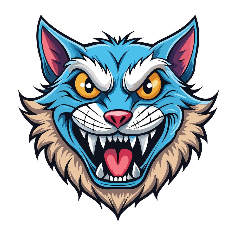 the head of a blue cat with fangs vector