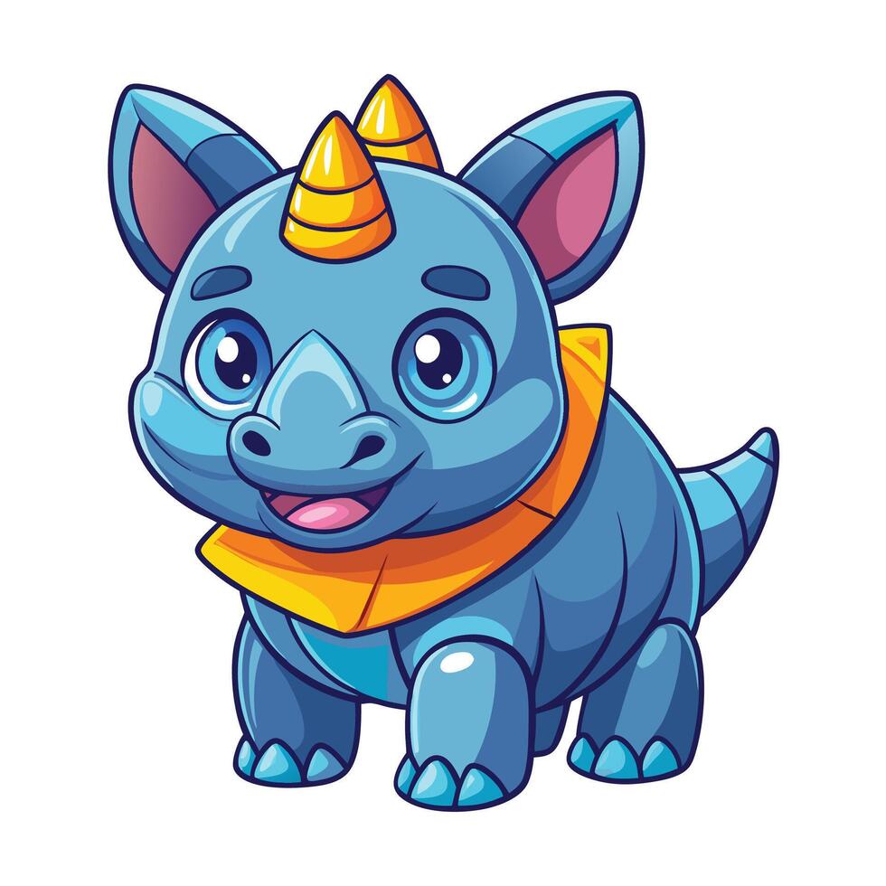 cartoon blue baby rhino with horns and a yellow collar vector