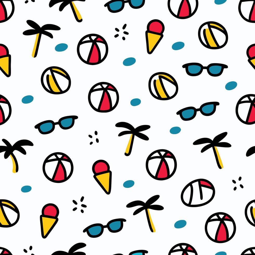 seamless pattern with beach balls, sunglasses palm trees vector
