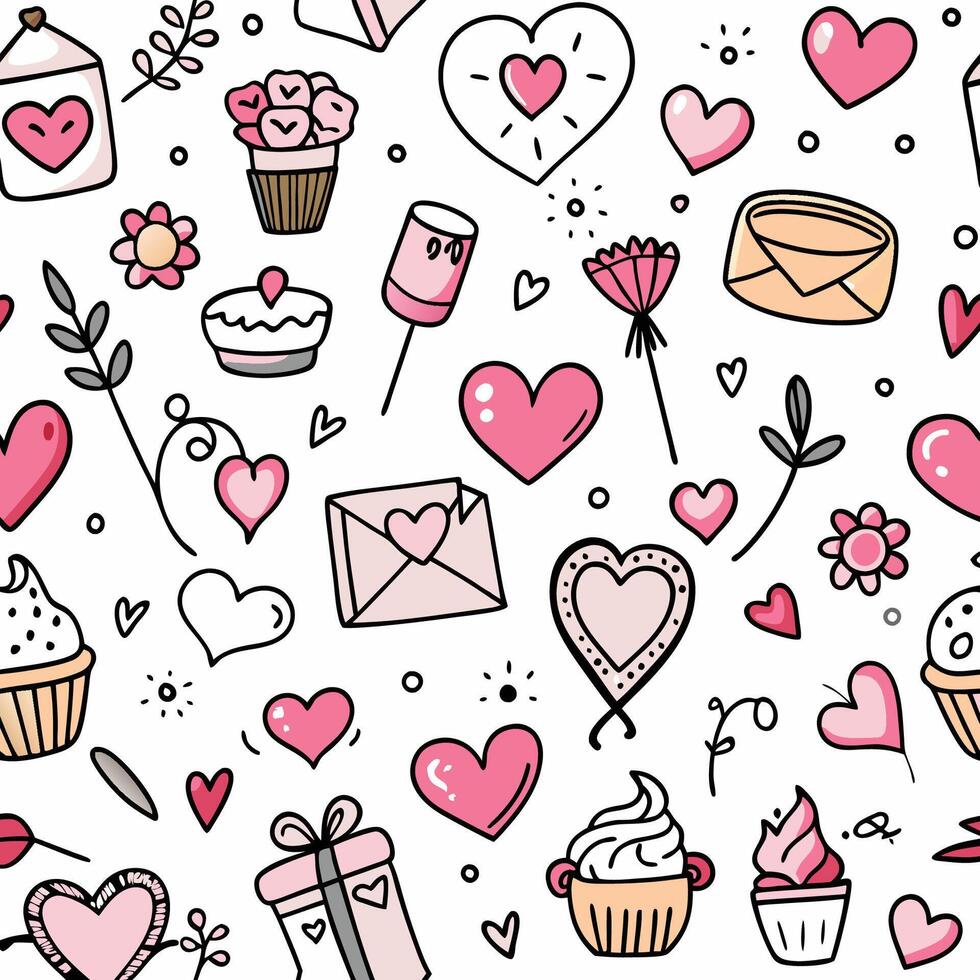 a seamless pattern with hearts cupcakes vector