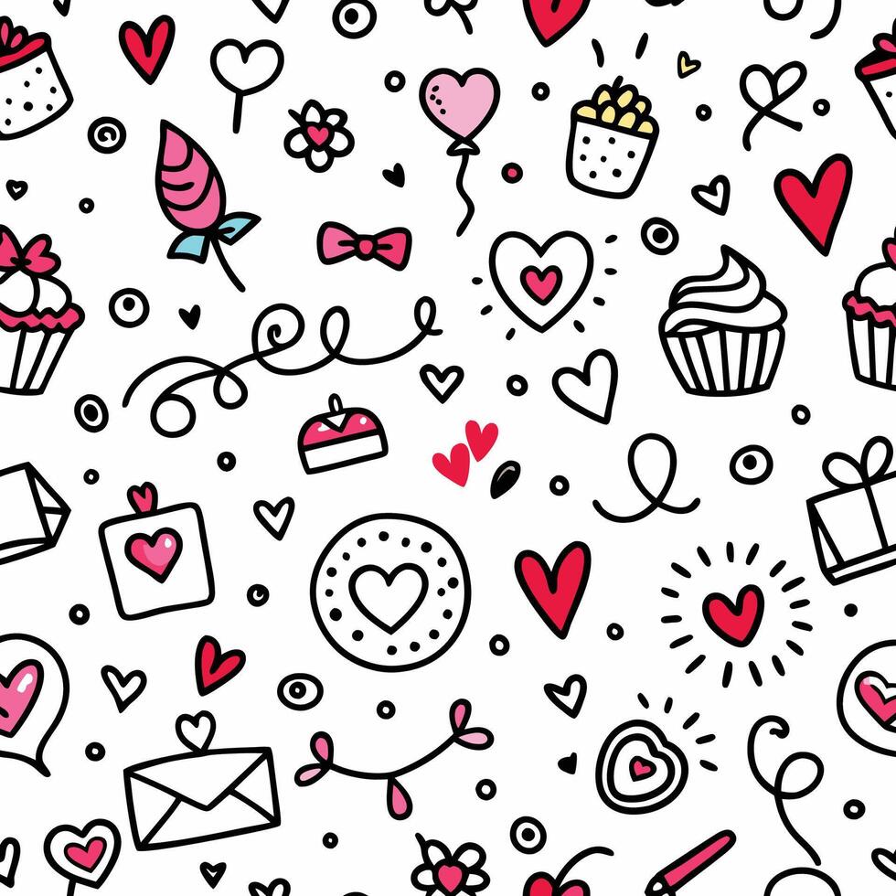 seamless pattern with hearts, cupcakes vector