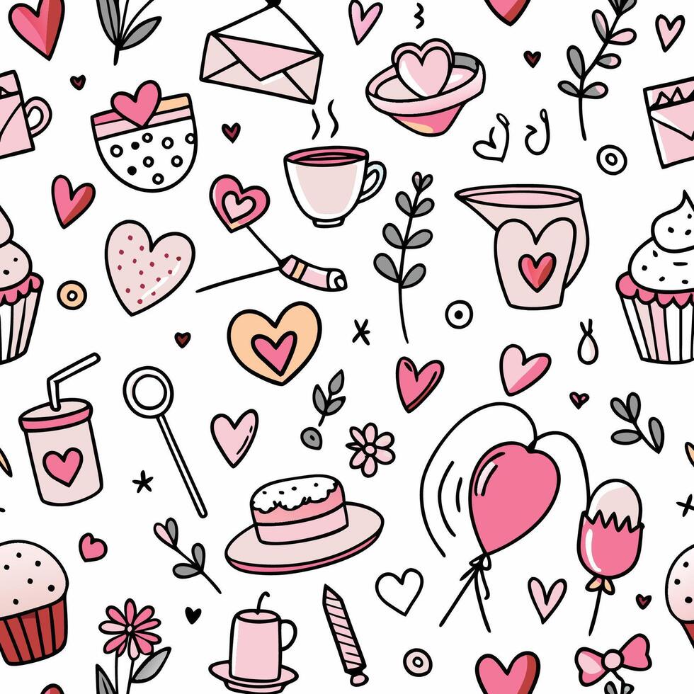 a seamless pattern with various items including cupcakes, hearts and other items vector