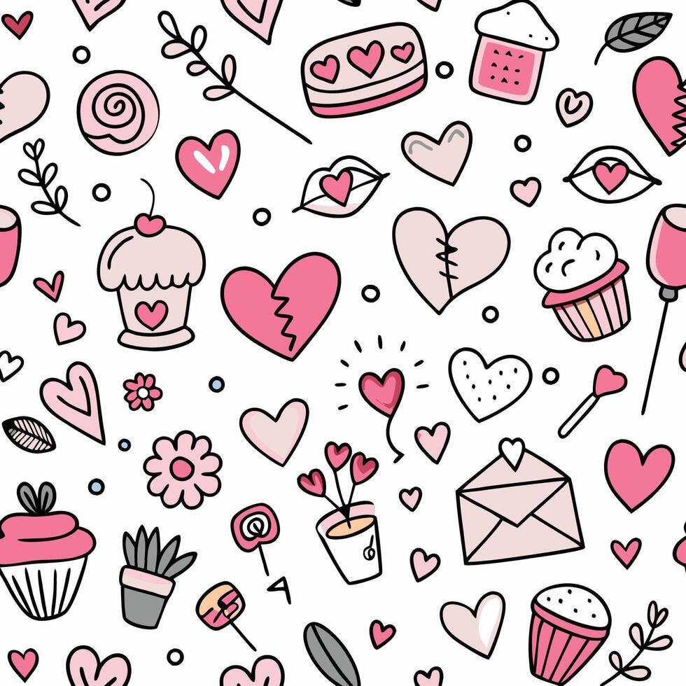 seamless pattern with hearts cupcakes white background white background vector