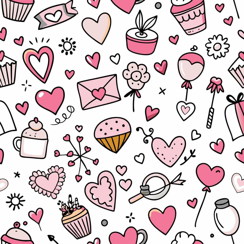 a seamless pattern with hearts and cupcakes vector