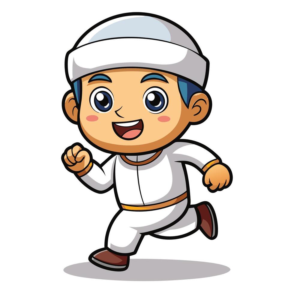 muslim boy running cartoon illustration vector