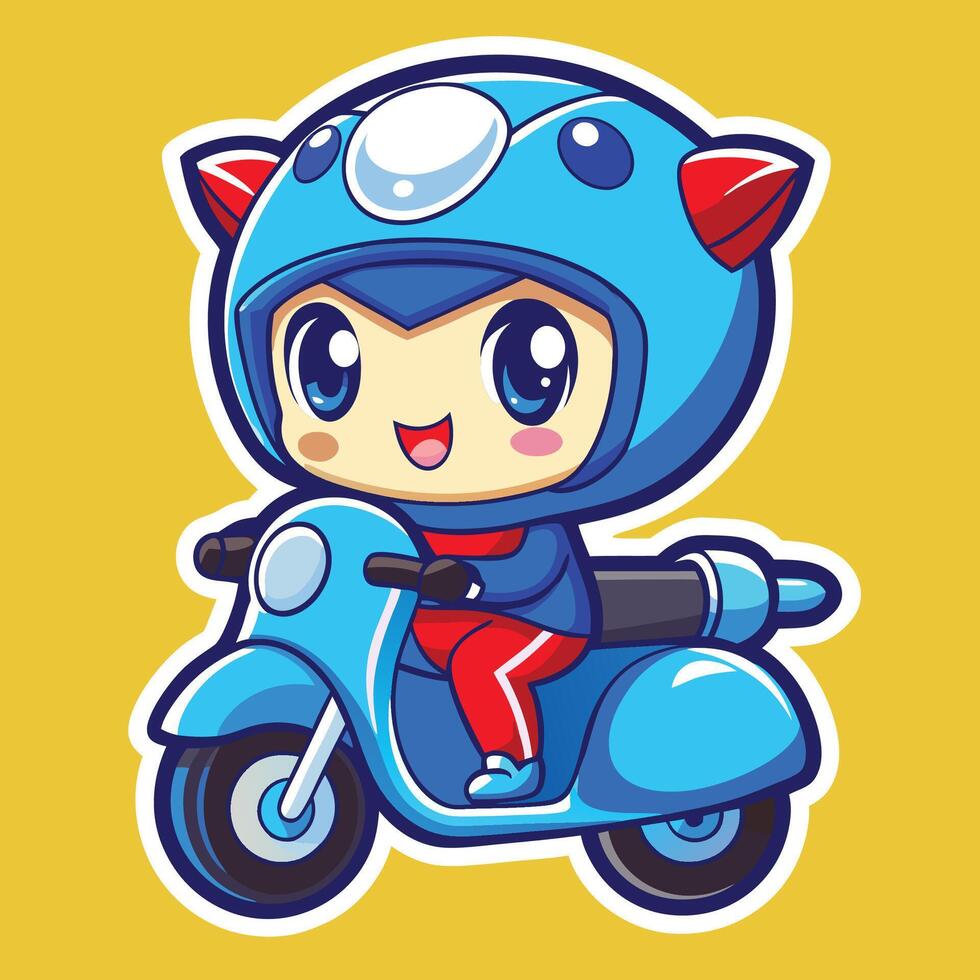 a sticker of a cartoon boy riding motorcycle vector