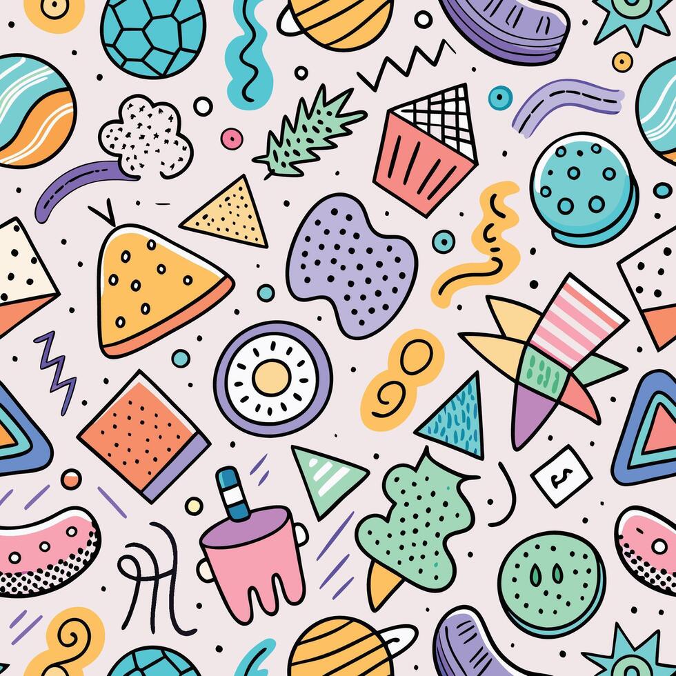 seamless pattern with colorful objects, shapes white background vector