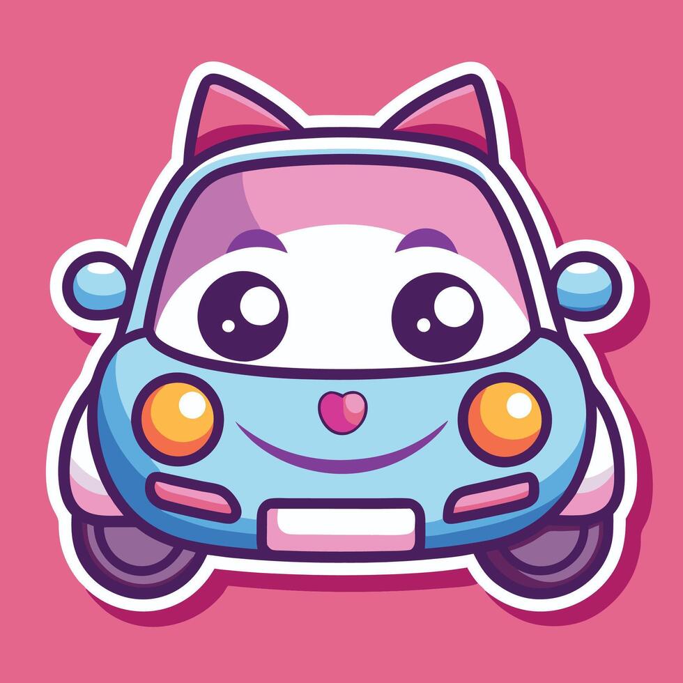 cartoon car with eyes and ears on pink background vector