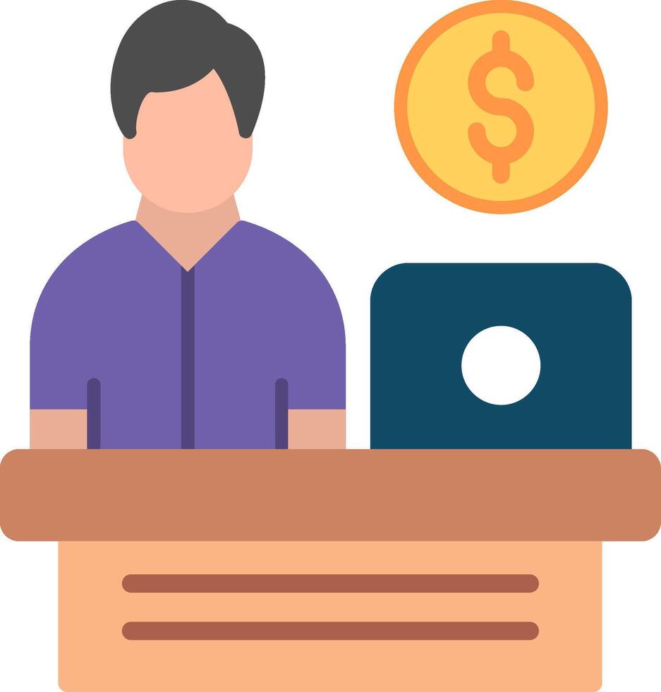 A man is sitting at a desk with a laptop and a dollar coin vector